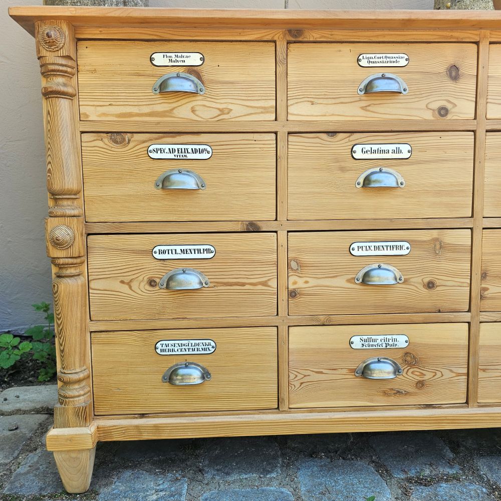 Alter antiker Apothekenschrank mit Säulen Schubladenschrank Weichholz Fichte - 304