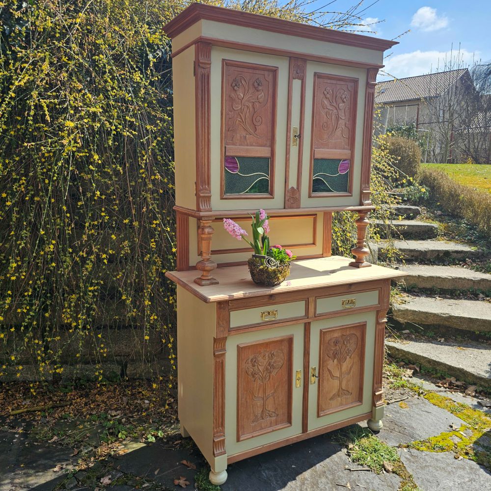Altes antikes Buffet Kredenz Küchenschrank Anrichte Aufsatzschrank Jugendstil mit Bleiverglasung - 225