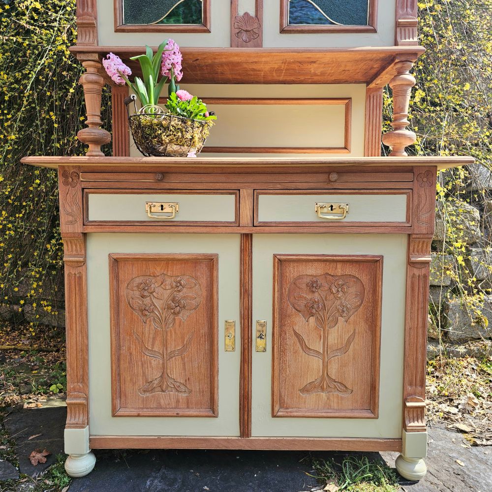 Altes antikes Buffet Kredenz Küchenschrank Anrichte Aufsatzschrank Jugendstil mit Bleiverglasung - 225