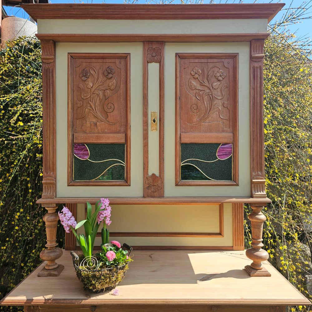 Altes antikes Buffet Kredenz Küchenschrank Anrichte Aufsatzschrank Jugendstil mit Bleiverglasung - 225
