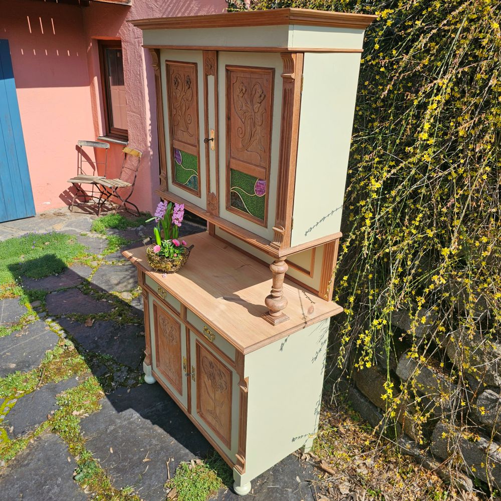 Altes antikes Buffet Kredenz Küchenschrank Anrichte Aufsatzschrank Jugendstil mit Bleiverglasung - 225