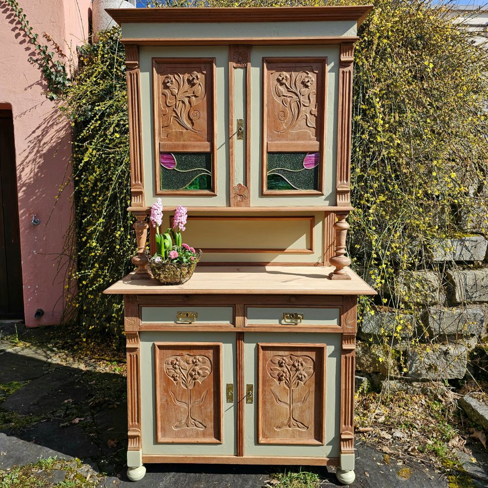 Altes antikes Buffet Kredenz Küchenschrank Anrichte Aufsatzschrank Jugendstil mit Bleiverglasung - 225