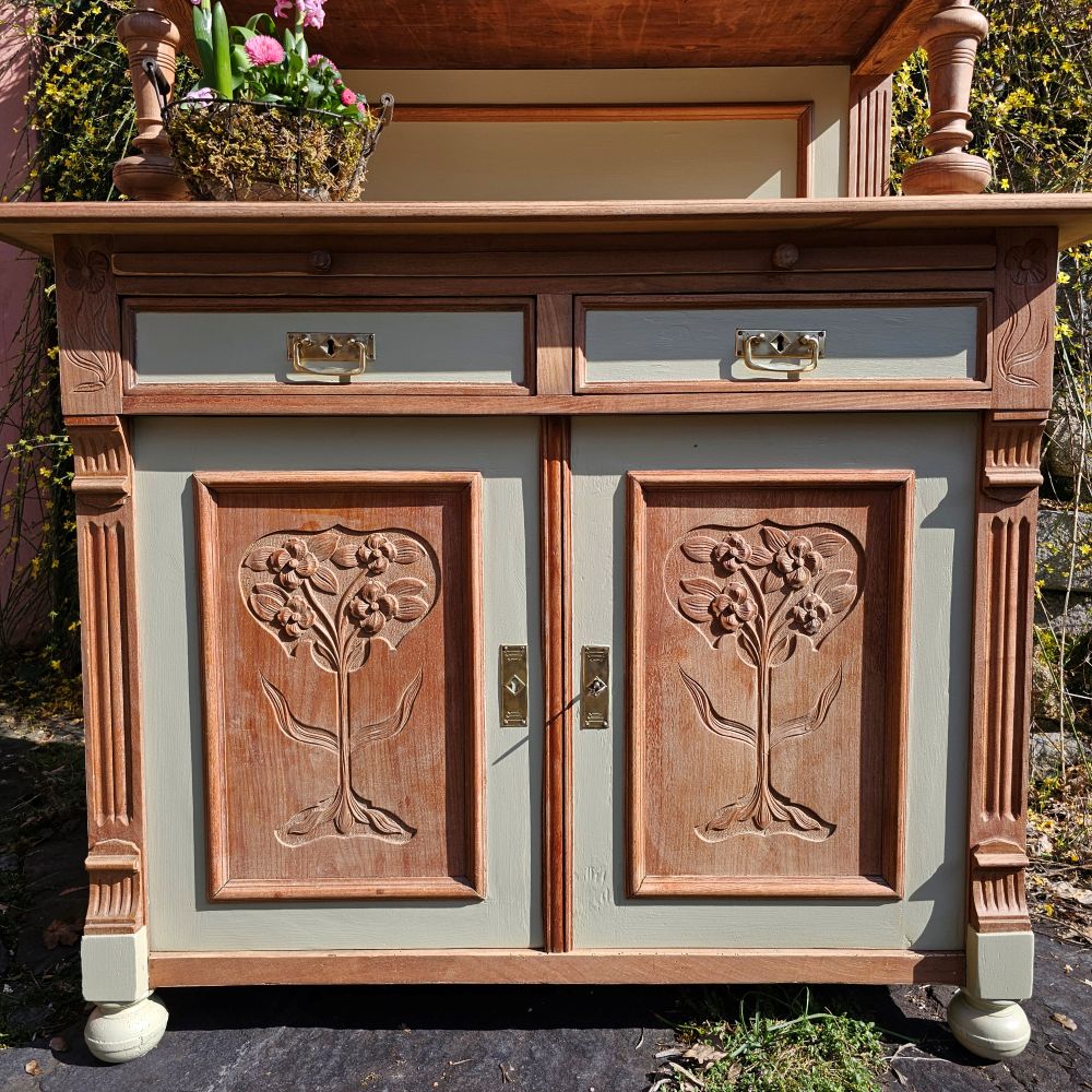 Altes antikes Buffet Kredenz Küchenschrank Anrichte Aufsatzschrank Jugendstil mit Bleiverglasung - 225