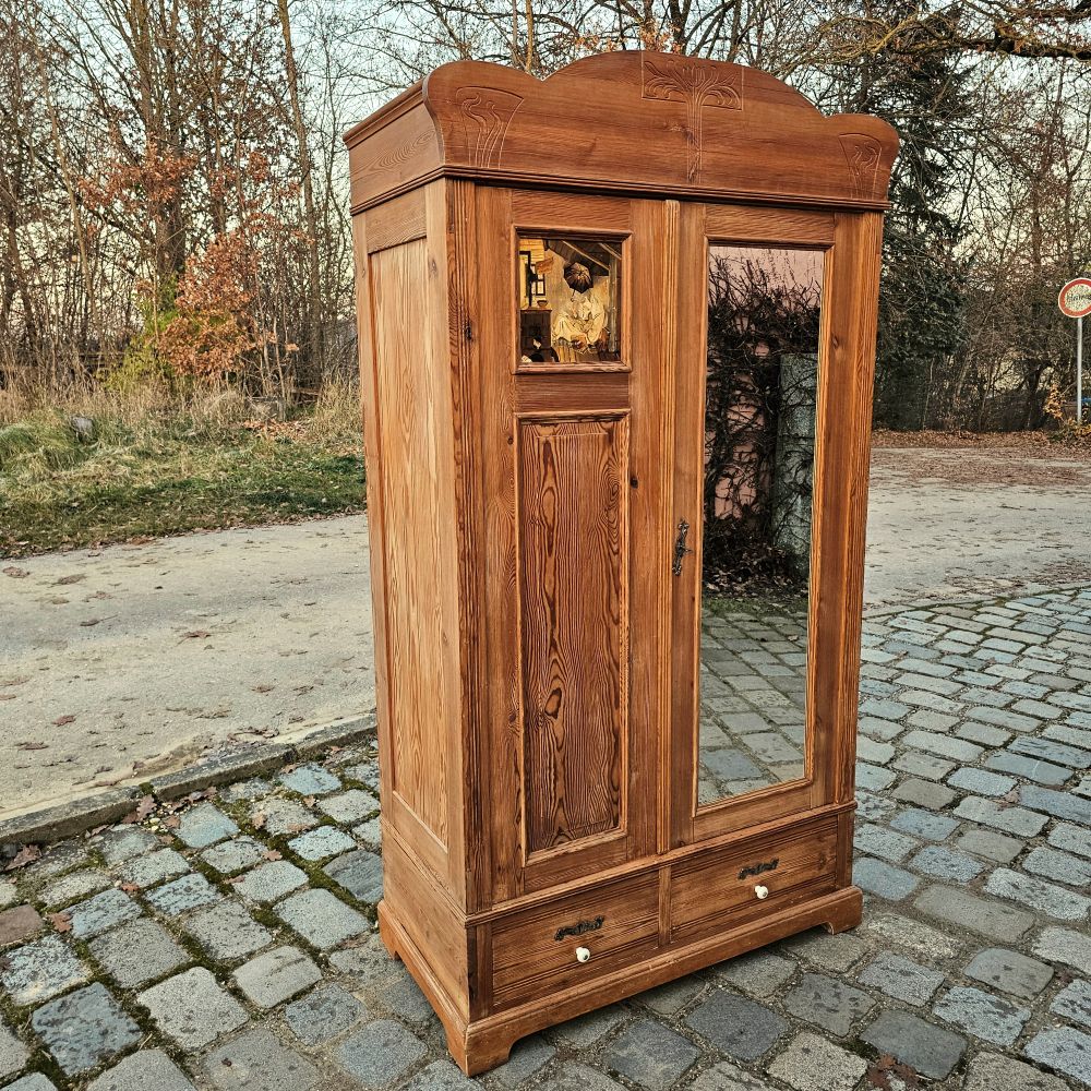 Alter Garderobenschrank Jugendstil 2-türig antik mit Spiegel und Spitzweg Bild der arme Poet - 288