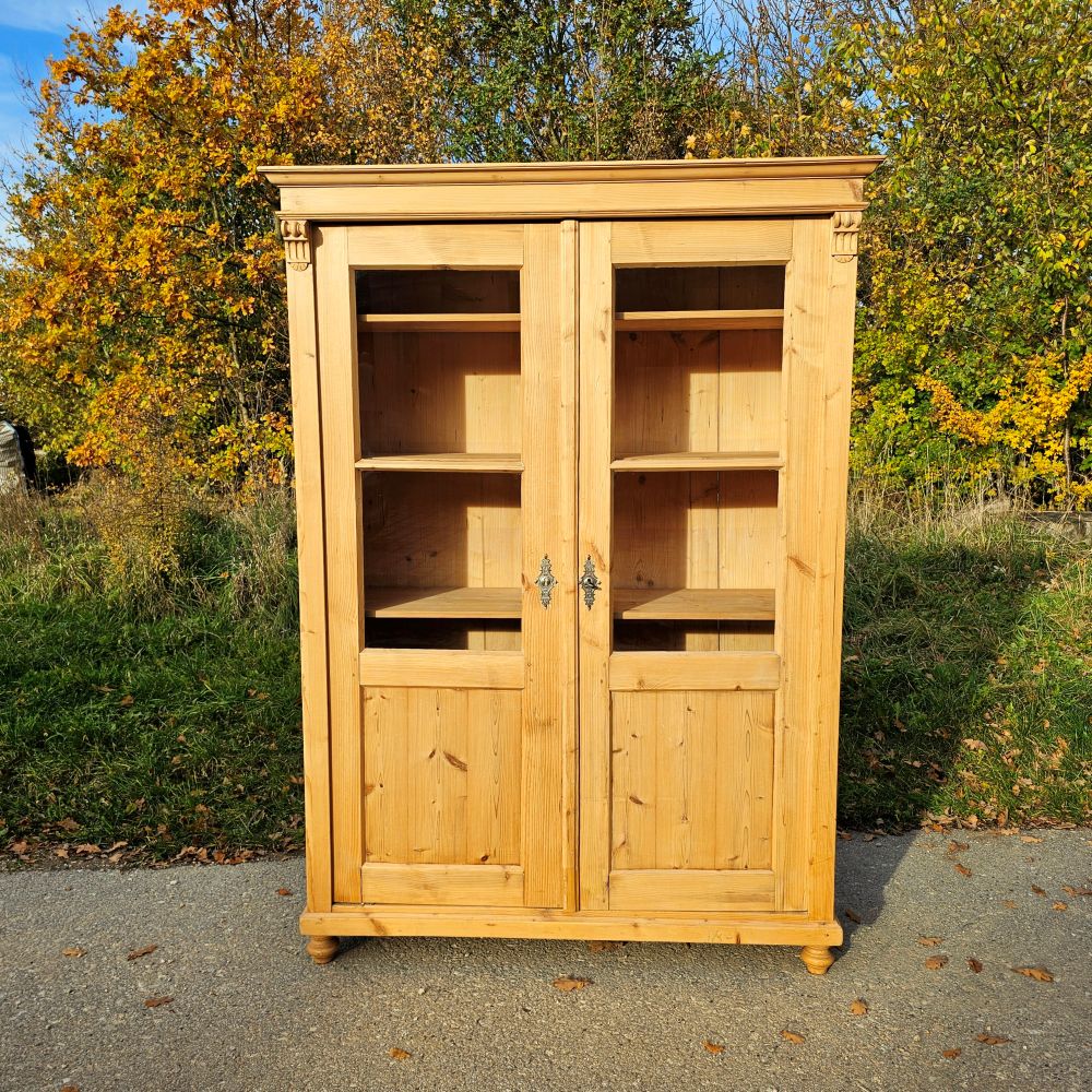 2-türige Glas-Vitrine Glasschrank Bauernschrank aus Fichtenholz, gewachst - 276