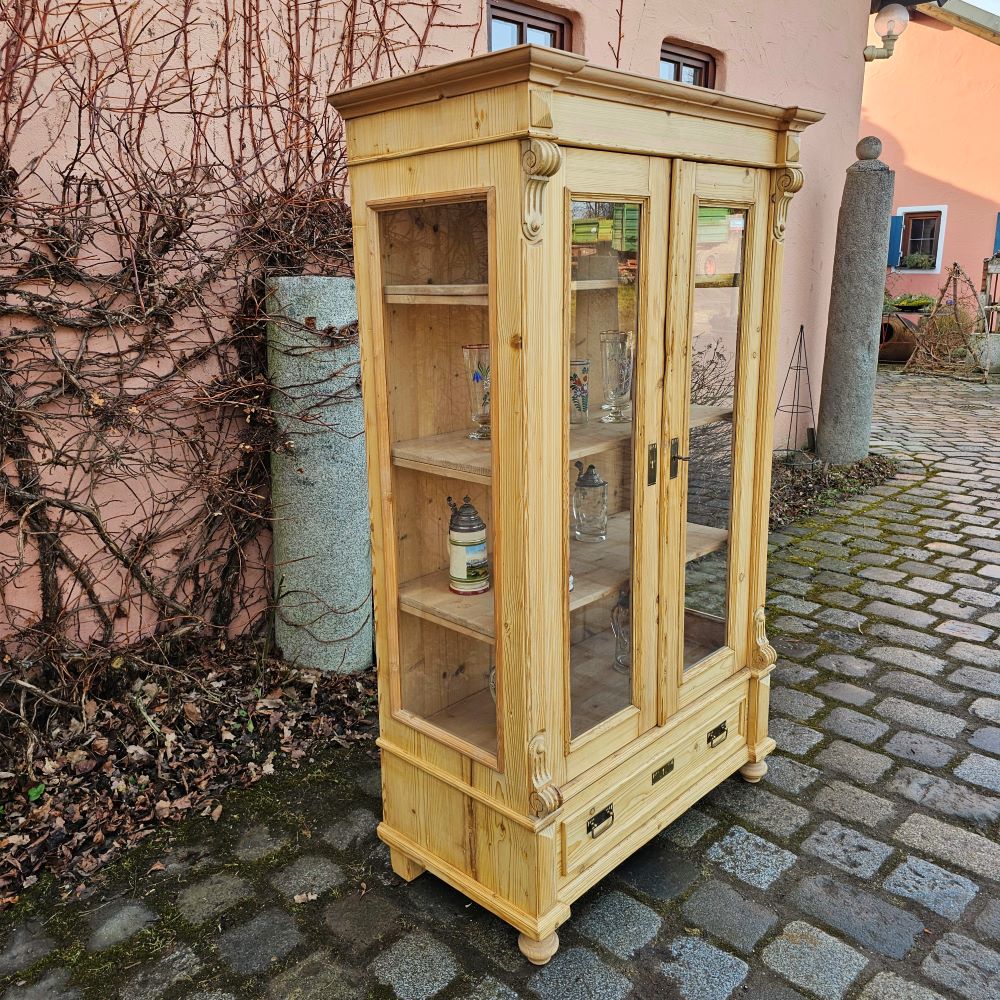 2-türiger Säulenschrank mit 1 Schublade – Glas-Vitrine aus Fichtenholz, gewachst - 209