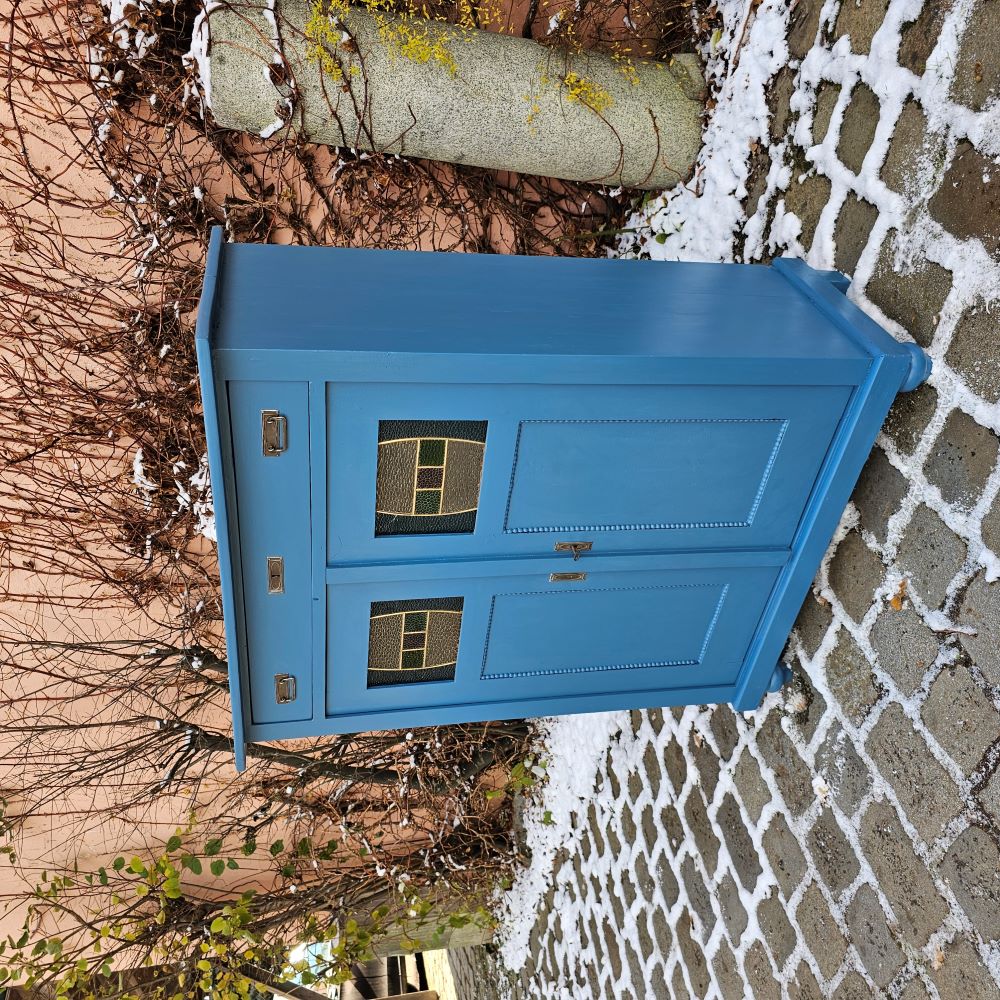 Kommode Vertiko alt antik original mit Bleiverglasung, neu lackiert petrolblau - 193