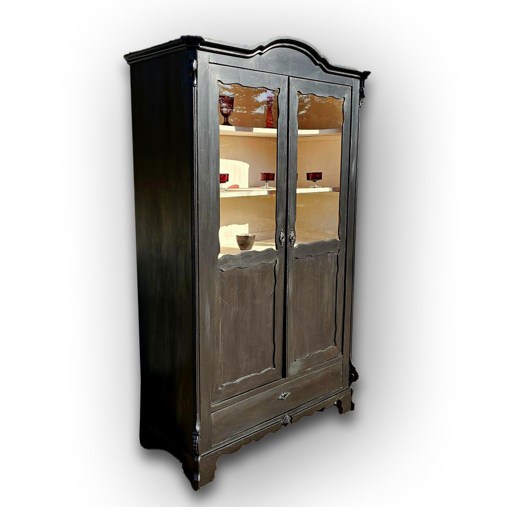 Edle Vitrine Wiener Barock Kirschholz schwarz weiß lackiert - 192