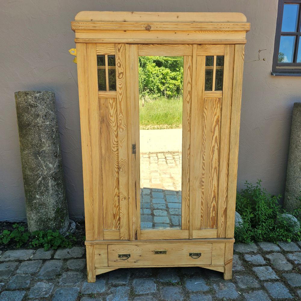 Alter Garderobenschrank Jugendstil 2-türig antik mit original geschliffenem Spiegel und Glas - 305