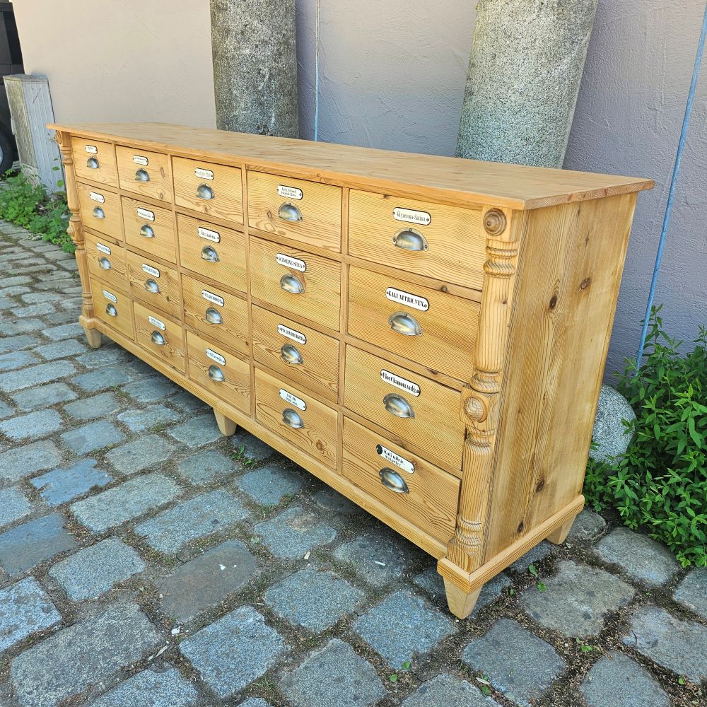 Alter antiker Apothekenschrank mit Säulen Schubladenschrank Weichholz Fichte - 304