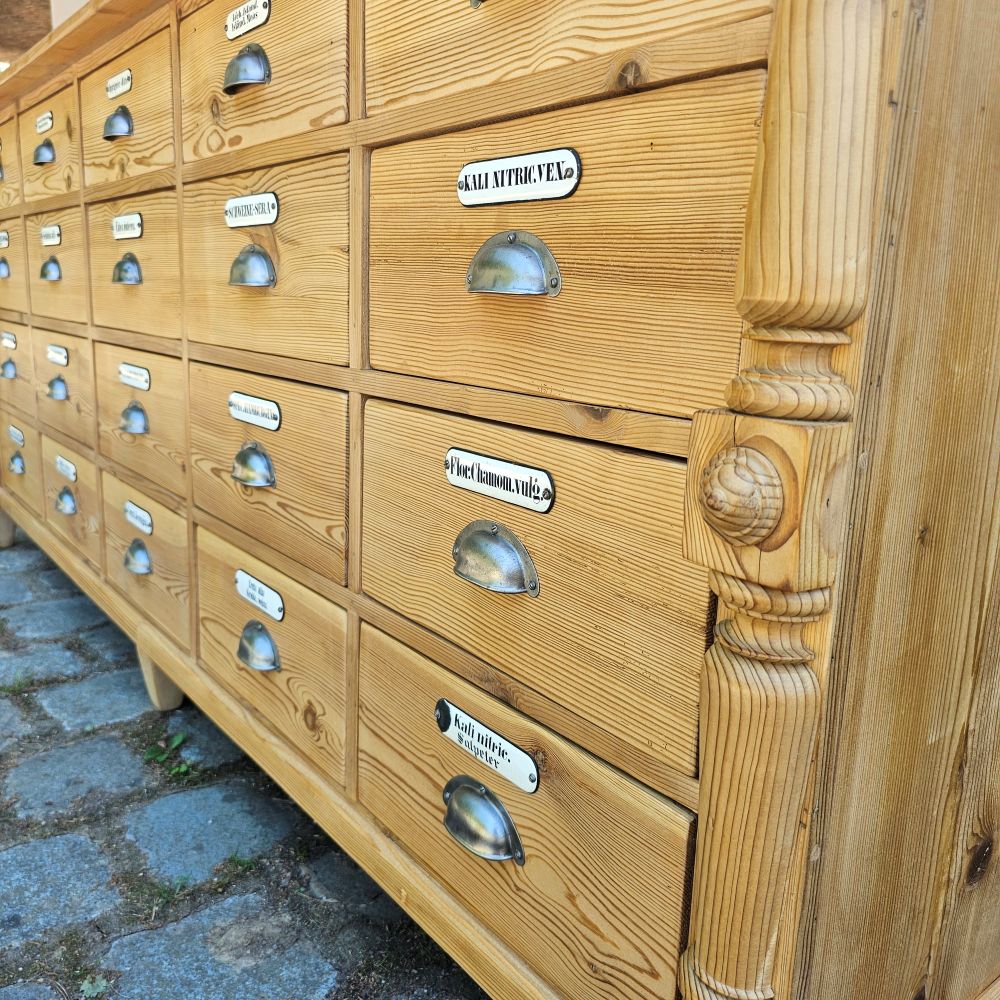Alter antiker Apothekenschrank mit Säulen Schubladenschrank Weichholz Fichte - 304