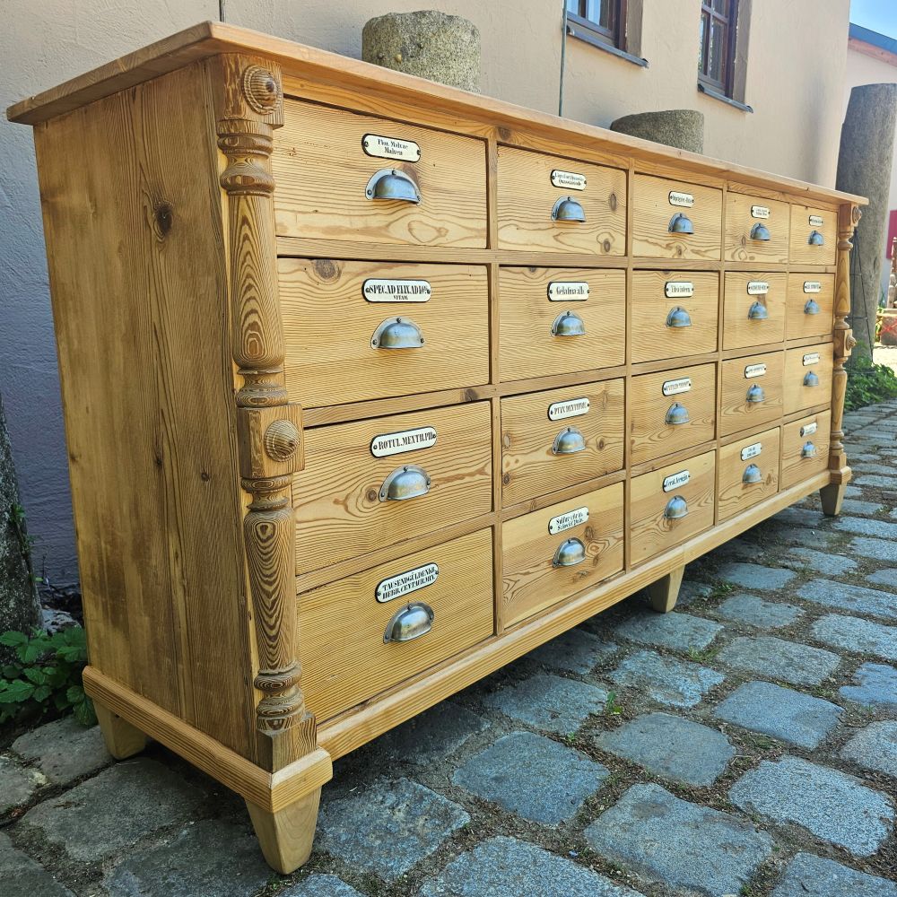 Alter antiker Apothekenschrank mit Säulen Schubladenschrank Weichholz Fichte - 304