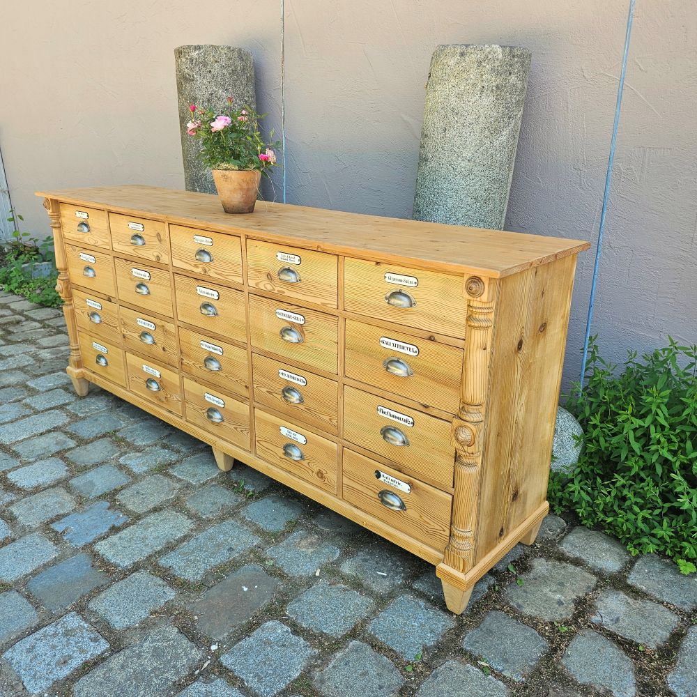 Alter antiker Apothekenschrank mit Säulen Schubladenschrank Weichholz Fichte - 304