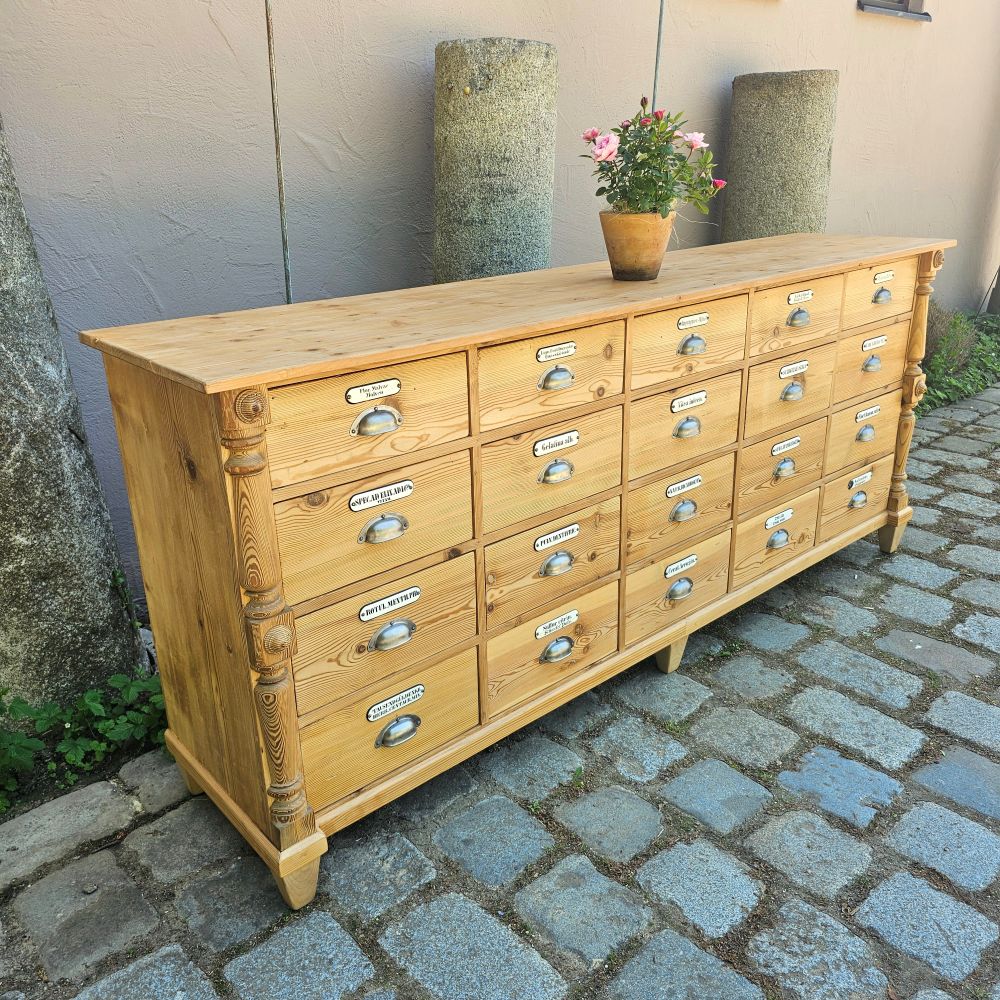 Alter antiker Apothekenschrank mit Säulen Schubladenschrank Weichholz Fichte - 304