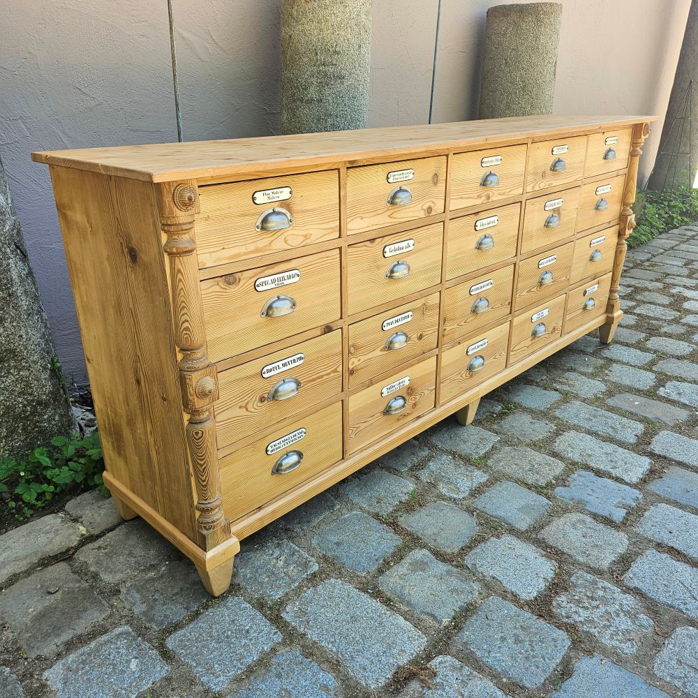 Alter antiker Apothekenschrank mit Säulen Schubladenschrank Weichholz Fichte - 304