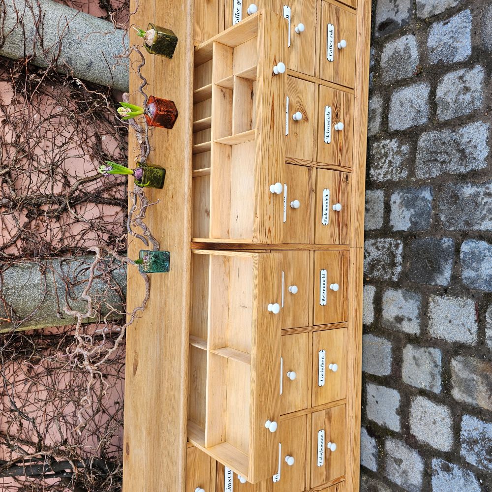 Alter antiker Apothekenschrank mit schöner Rückseite Platte Eiche Schubladen Weichholz Fichte - 294