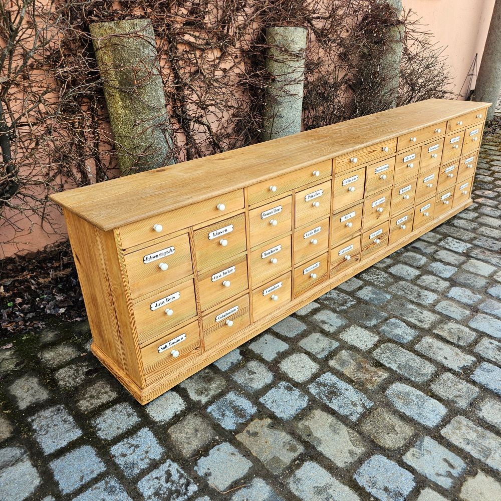 Alter antiker Apothekenschrank mit schöner Rückseite Platte Eiche Schubladen Weichholz Fichte - 294