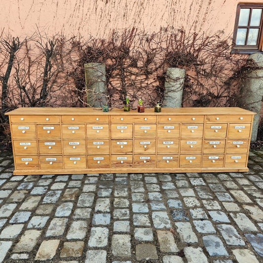 Alter antiker Apothekenschrank mit schöner Rückseite Platte Eiche Schubladen Weichholz Fichte - 294