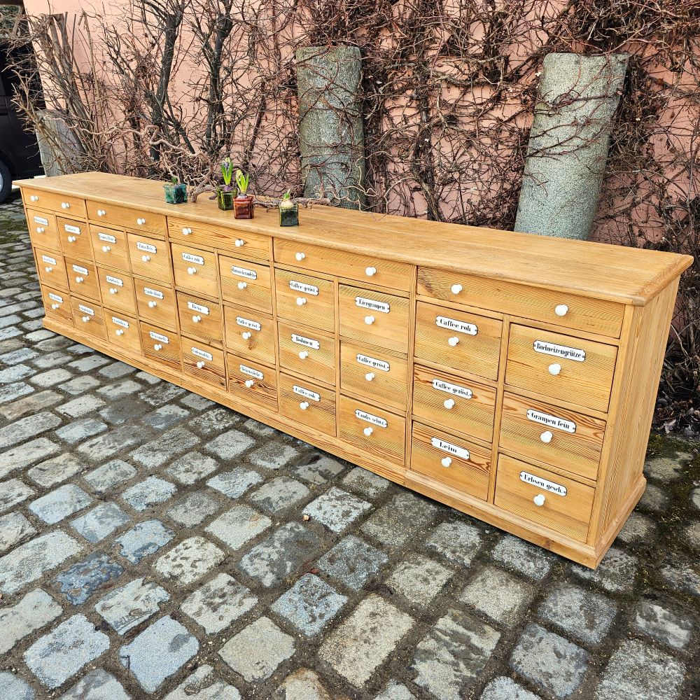 Alter antiker Apothekenschrank mit schöner Rückseite Platte Eiche Schubladen Weichholz Fichte - 294