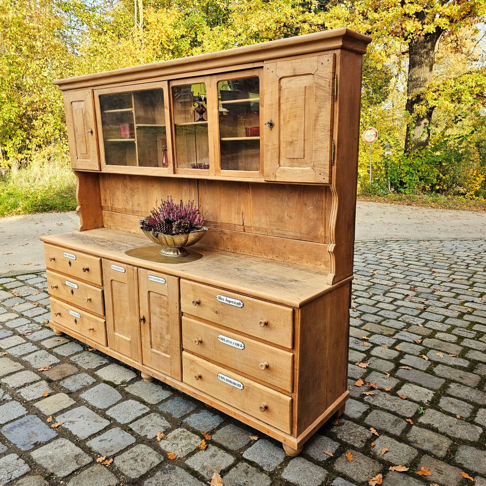 Alter antiker großer Bäckereischrank Ladenschrank Apothekerschrank mit Regalaufsatz Kirschbaumholz - 275