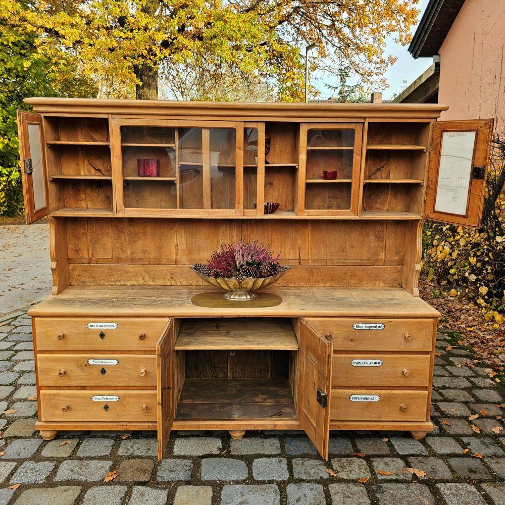 Alter antiker großer Bäckereischrank Ladenschrank Apothekerschrank mit Regalaufsatz Kirschbaumholz - 275
