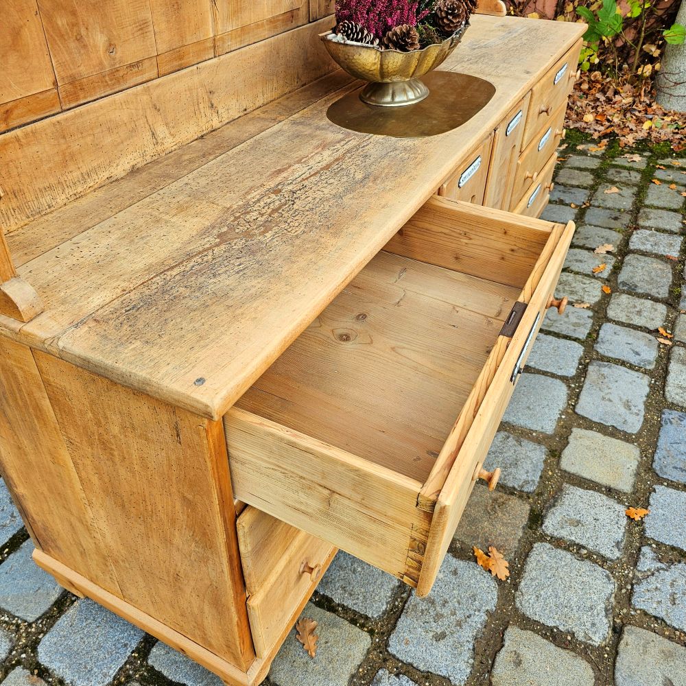 Alter antiker großer Bäckereischrank Ladenschrank Apothekerschrank mit Regalaufsatz Kirschbaumholz - 275