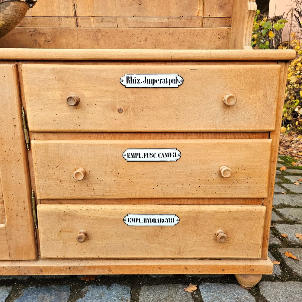 Alter antiker großer Bäckereischrank Ladenschrank Apothekerschrank mit Regalaufsatz Kirschbaumholz - 275