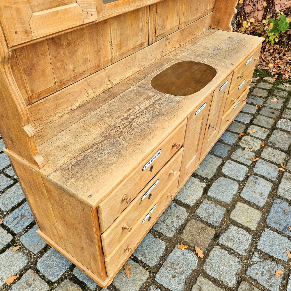 Alter antiker großer Bäckereischrank Ladenschrank Apothekerschrank mit Regalaufsatz Kirschbaumholz - 275