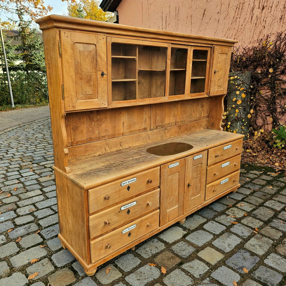 Alter antiker großer Bäckereischrank Ladenschrank Apothekerschrank mit Regalaufsatz Kirschbaumholz - 275