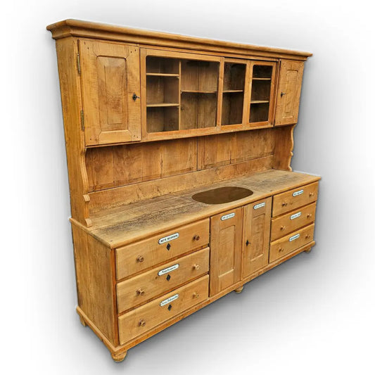 Alter antiker großer Bäckereischrank Ladenschrank Apothekerschrank mit Regalaufsatz Kirschbaumholz - 275