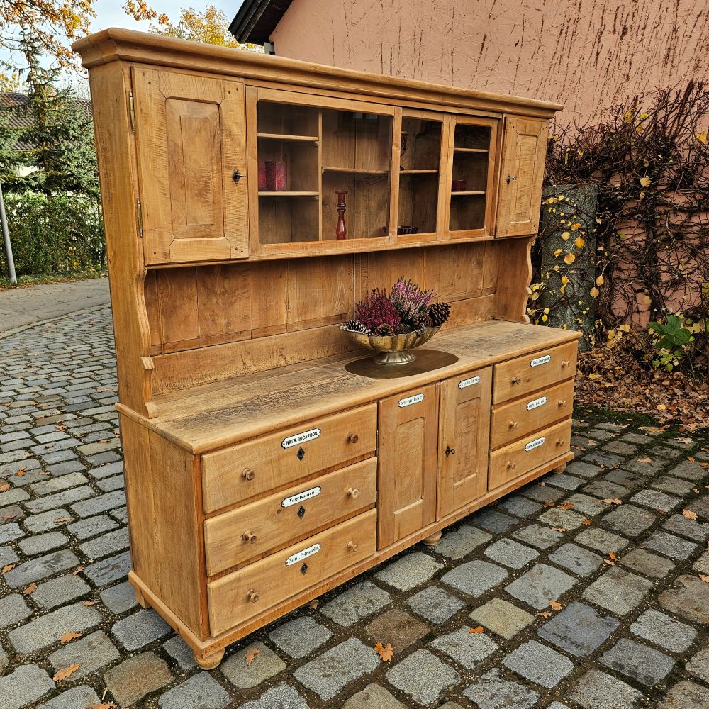Alter antiker großer Bäckereischrank Ladenschrank Apothekerschrank mit Regalaufsatz Kirschbaumholz - 275