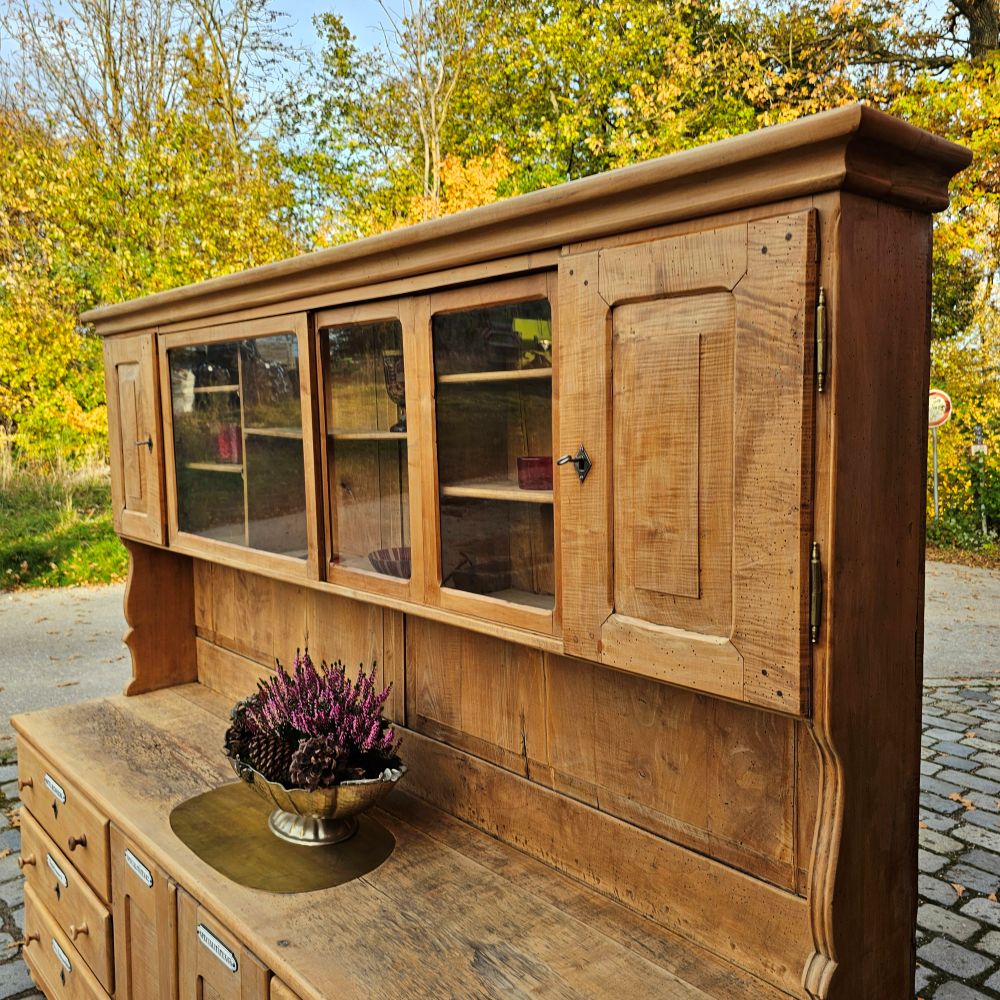 Alter antiker großer Bäckereischrank Ladenschrank Apothekerschrank mit Regalaufsatz Kirschbaumholz - 275