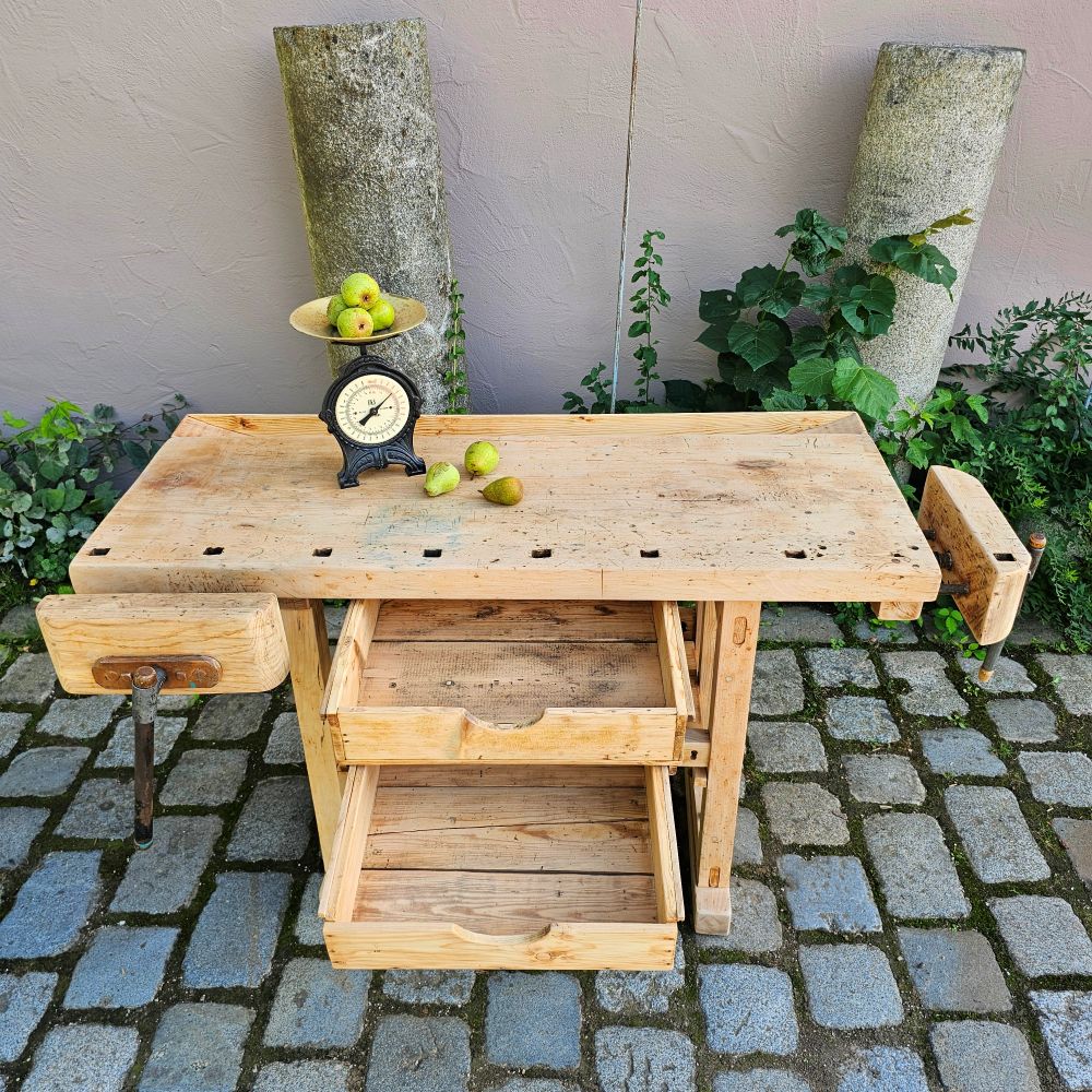 Alte rustikale kleine Hobelbank mit 2 Schraubstöcken massiv Schreibtisch Kücheninsel - 314