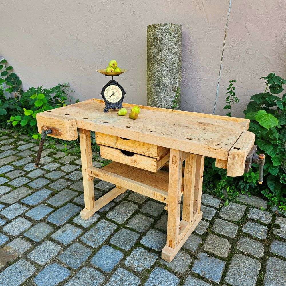 Alte rustikale kleine Hobelbank mit 2 Schraubstöcken massiv Schreibtisch Kücheninsel - 314