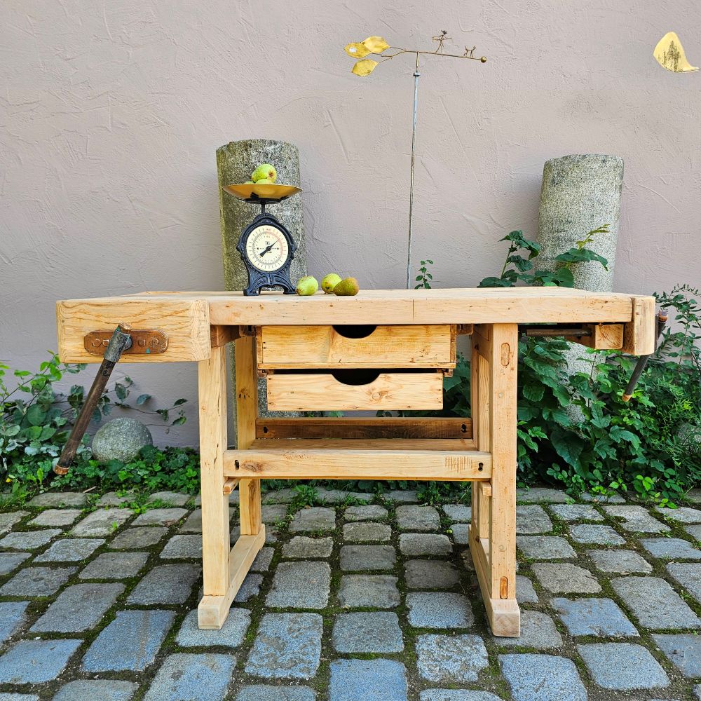 Alte rustikale kleine Hobelbank mit 2 Schraubstöcken massiv Schreibtisch Kücheninsel - 314
