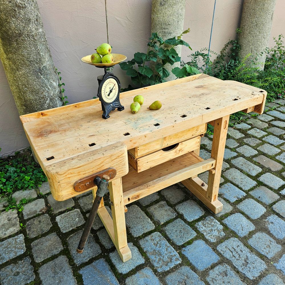 Alte rustikale kleine Hobelbank mit 2 Schraubstöcken massiv Schreibtisch Kücheninsel - 314