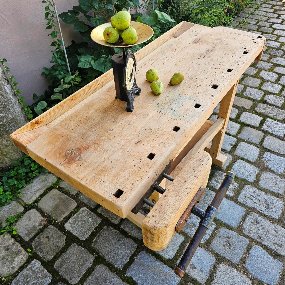 Alte rustikale kleine Hobelbank mit 2 Schraubstöcken massiv Schreibtisch Kücheninsel - 314