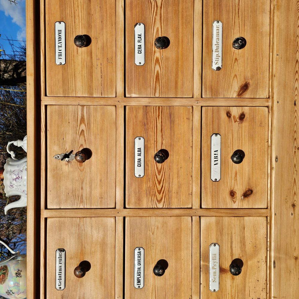 Alter antiker Apothekerschrank Schubladenschrank Ladentheke - 295