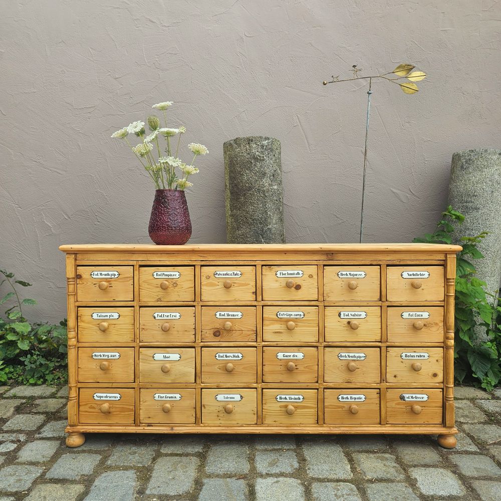 Alter antiker Apothekenschrank mit Säulen Schubladenschrank Weichholz Fichte - 310