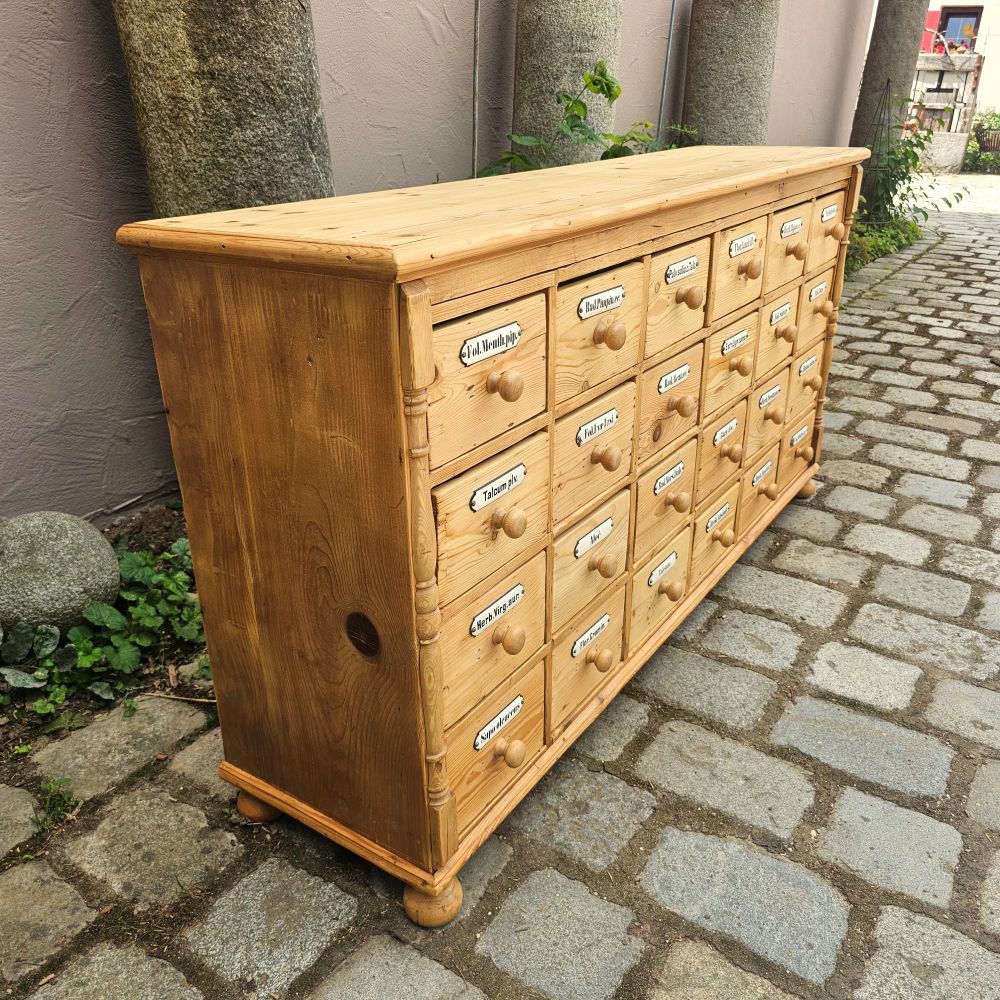 Alter antiker Apothekenschrank mit Säulen Schubladenschrank Weichholz Fichte - 310