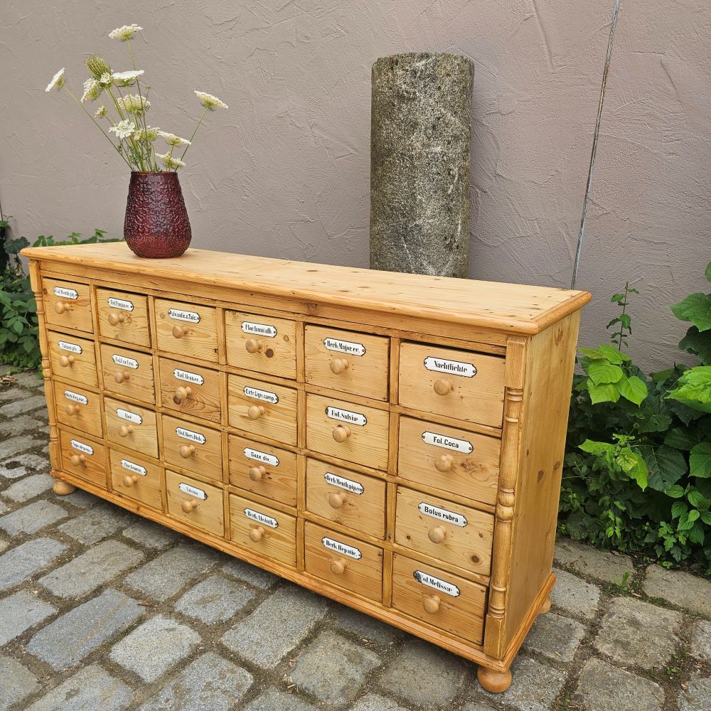 Alter antiker Apothekenschrank mit Säulen Schubladenschrank Weichholz Fichte - 310