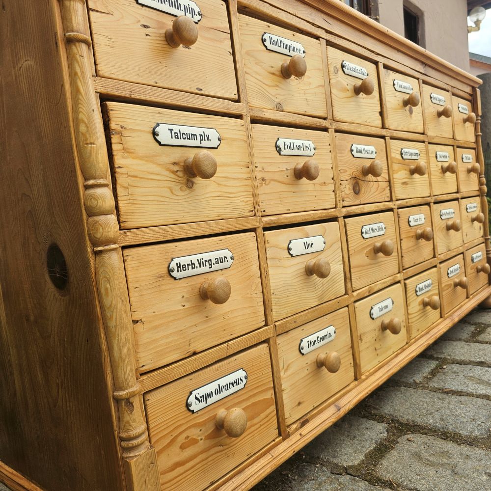Alter antiker Apothekenschrank mit Säulen Schubladenschrank Weichholz Fichte - 310