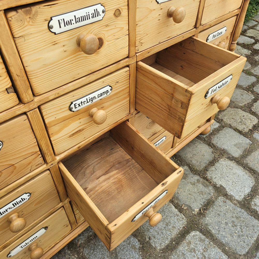 Alter antiker Apothekenschrank mit Säulen Schubladenschrank Weichholz Fichte - 310