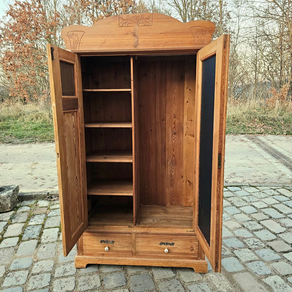 Alter Garderobenschrank Jugendstil 2-türig antik mit Spiegel und Spitzweg Bild der arme Poet - 288