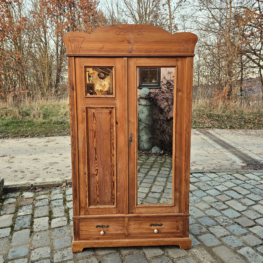 Alter Garderobenschrank Jugendstil 2-türig antik mit Spiegel und Spitzweg Bild der arme Poet - 288