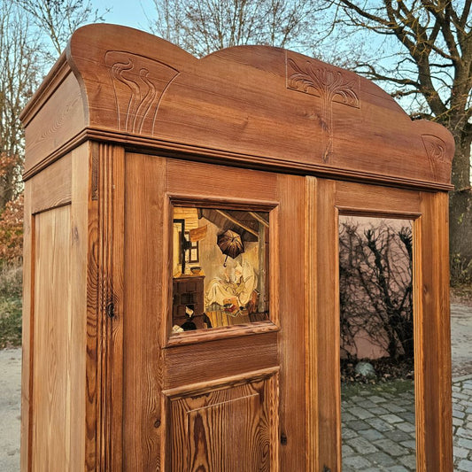 Alter Garderobenschrank Jugendstil 2-türig antik mit Spiegel und Spitzweg Bild der arme Poet - 288