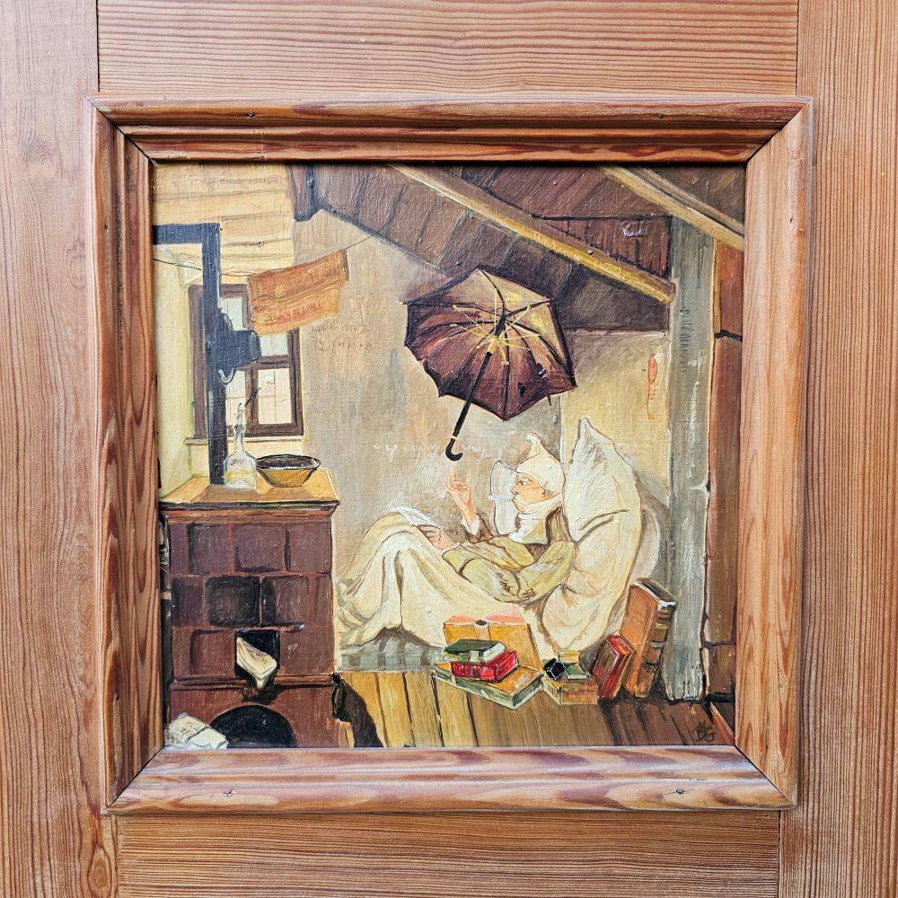 Alter Garderobenschrank Jugendstil 2-türig antik mit Spiegel und Spitzweg Bild der arme Poet - 288