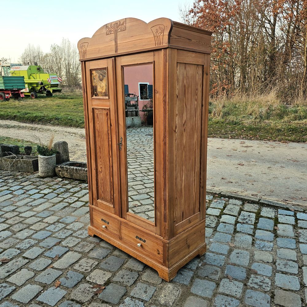 Alter Garderobenschrank Jugendstil 2-türig antik mit Spiegel und Spitzweg Bild der arme Poet - 288
