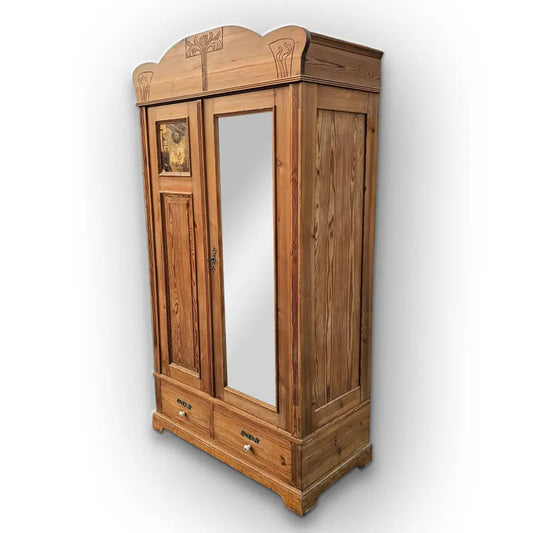 Alter Garderobenschrank Jugendstil 2-türig antik mit Spiegel und Spitzweg Bild der arme Poet - 288