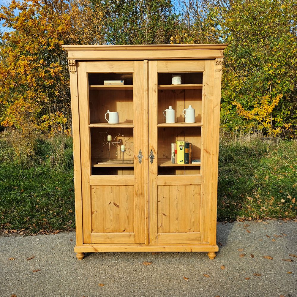2-türige Glas-Vitrine Glasschrank Bauernschrank aus Fichtenholz, gewachst - 276